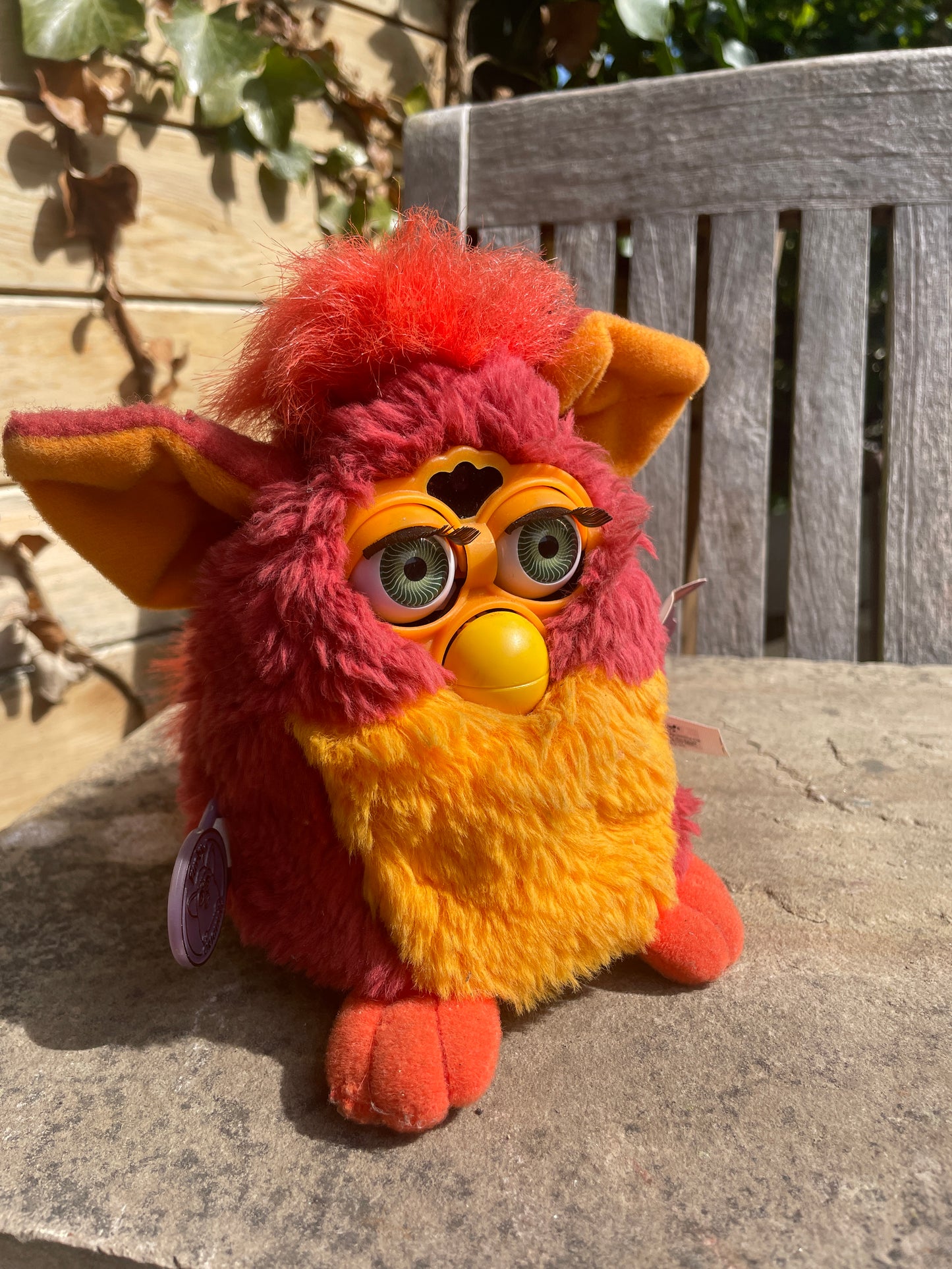 Vintage 1998 Furby – Rooster Model with Green Eyes – Red & Orange Fur – Original Tags – Tiger Electronics
