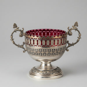 An Antique German Art Nouveau plated WMF Sugar Bowl With Cranberry Glass insert - 14cm tall