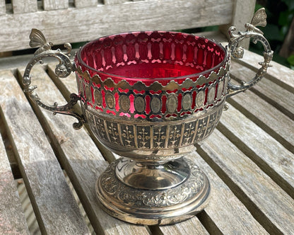 An Antique German Art Nouveau plated WMF Sugar Bowl With Cranberry Glass insert - 14cm tall