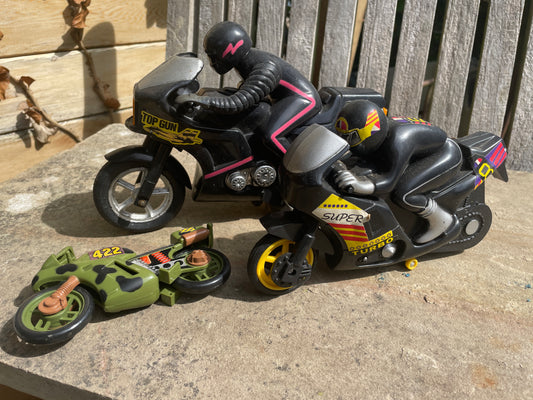Vintage Plastic Toy Motorbikes – Top Gun, Black Speed Wheel, Camouflaged Army bike