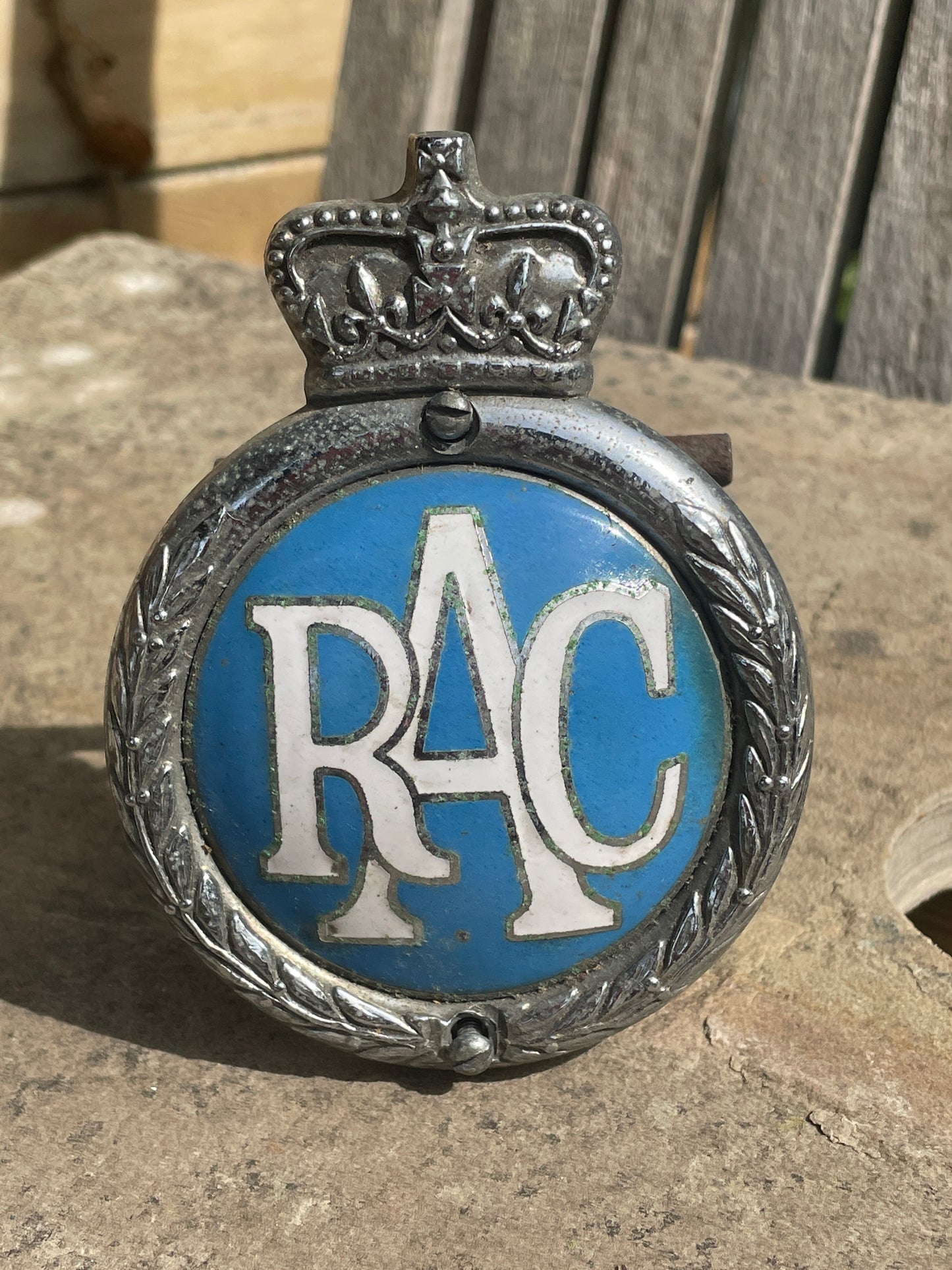 Vintage RAC Enamel Car Badge – Chrome Brass Emblem (1960–73) – PR'TY OF RAC H.B.S – Classic Grille Badge