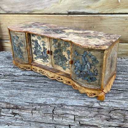 A Miniature Chinese Carved Soapstone Cabinet With Inlaid Mother of Pearl scenery  25cm Wide