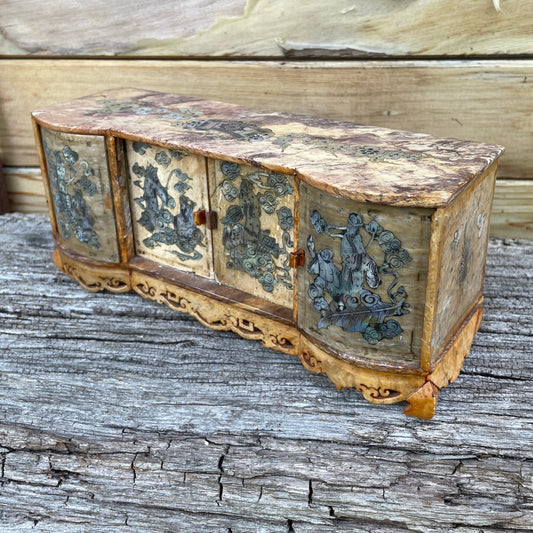 A Miniature Chinese Carved Soapstone Cabinet With Inlaid Mother of Pearl scenery  25cm Wide