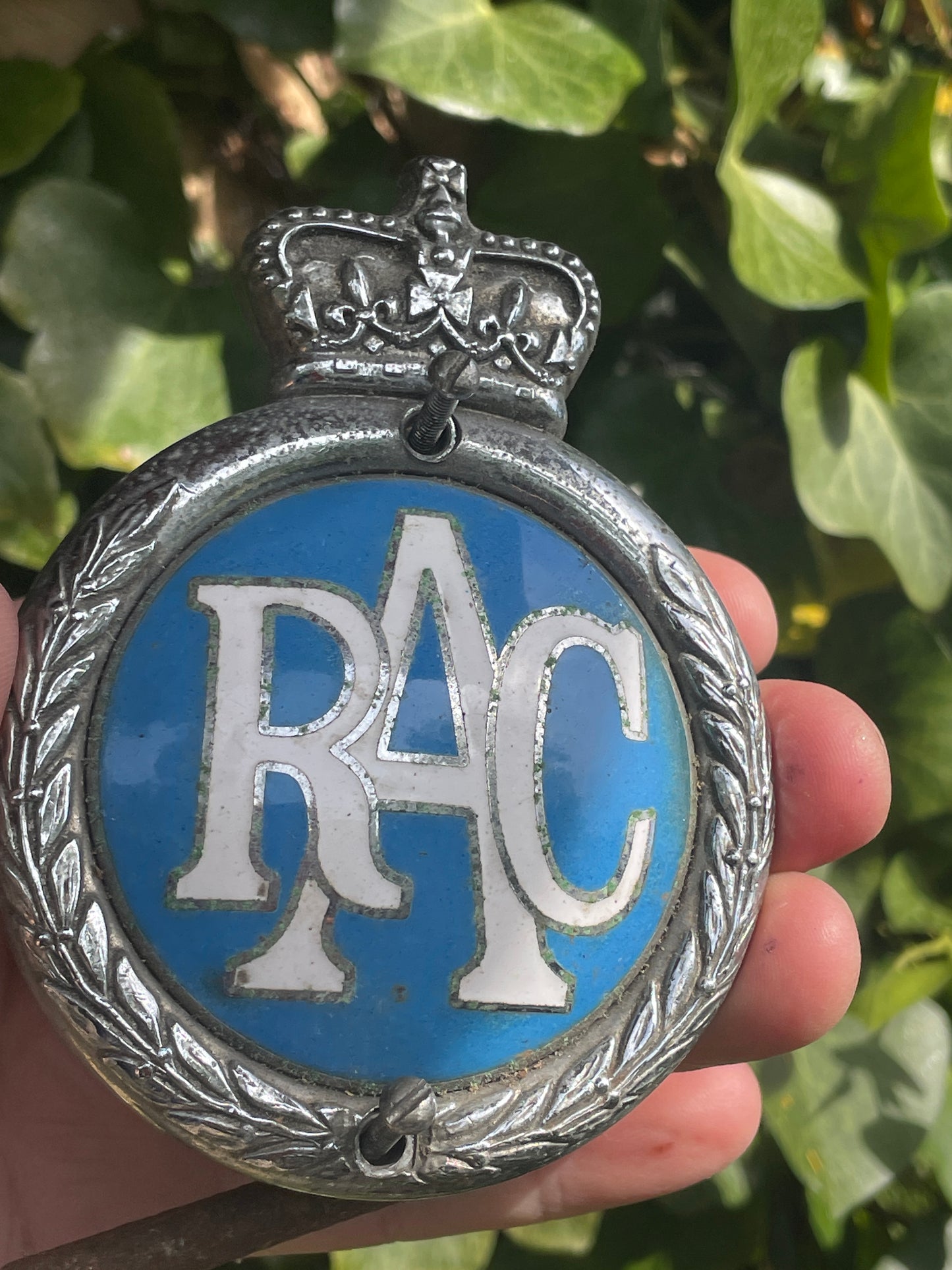Vintage RAC Enamel Car Badge – Chrome Brass Emblem (1960–73) – PR'TY OF RAC H.B.S – Classic Grille Badge