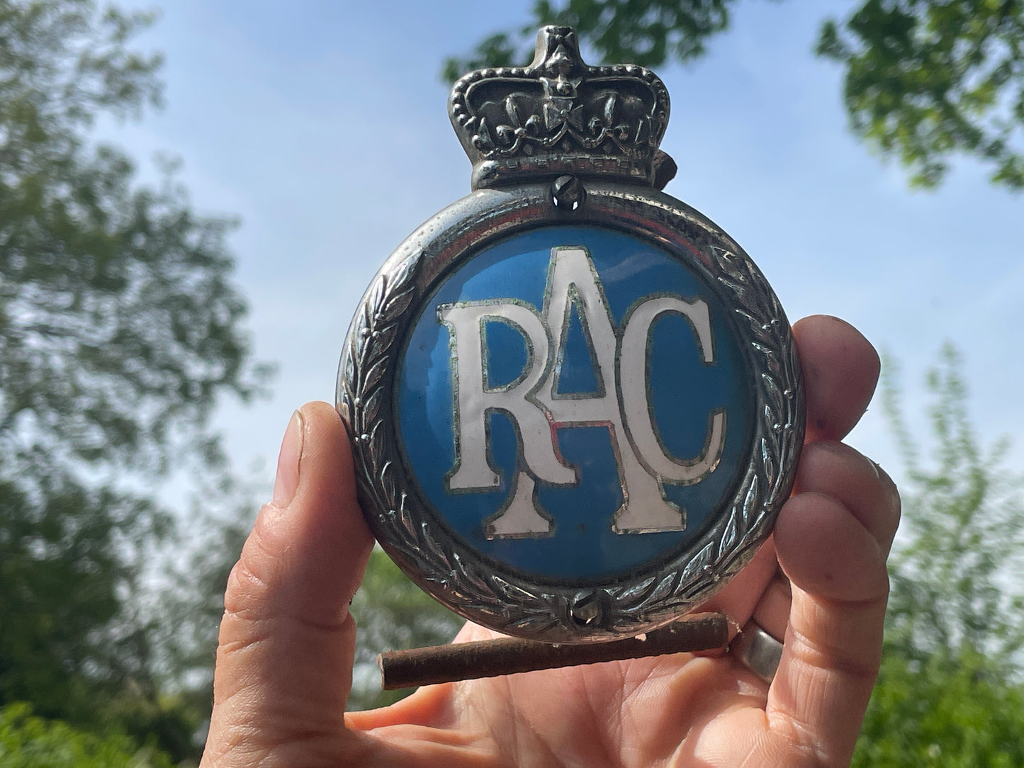 Vintage RAC Enamel Car Badge – Chrome Brass Emblem (1960–73) – PR'TY OF RAC H.B.S – Classic Grille Badge