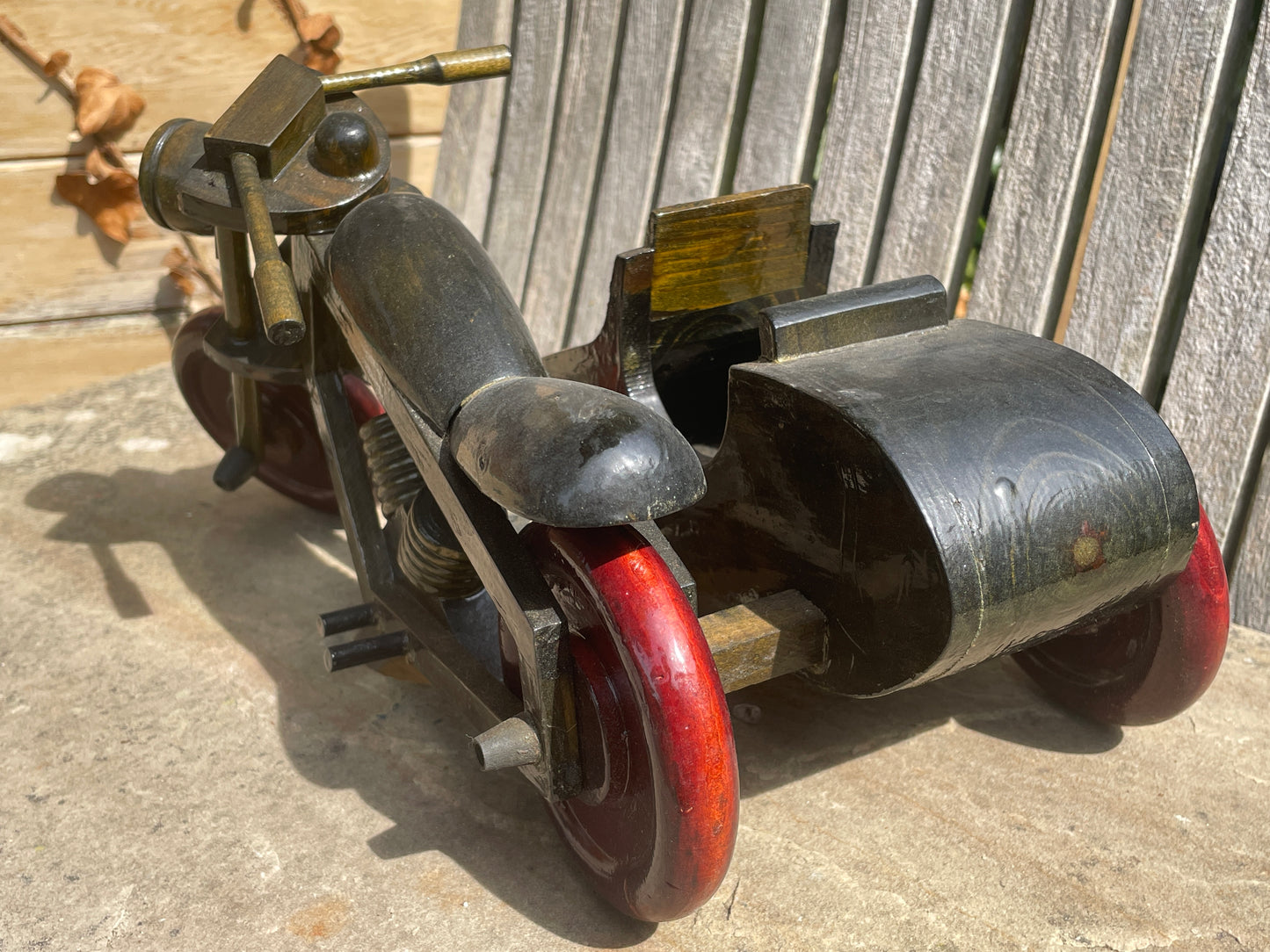 Handmade Wooden Motorbike with Sidecar – Tienshan CJM2120  - 31cm long