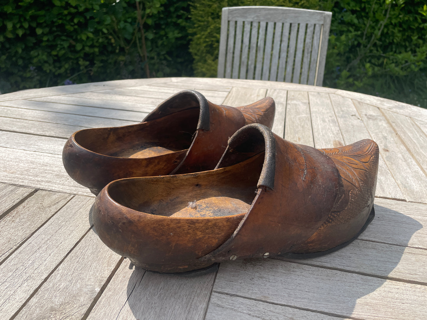 Antique French Breton Adult Clogs – Intricate Carving, Leather Comfort Strap, Shaped Heel – Vintage Wooden Shoes