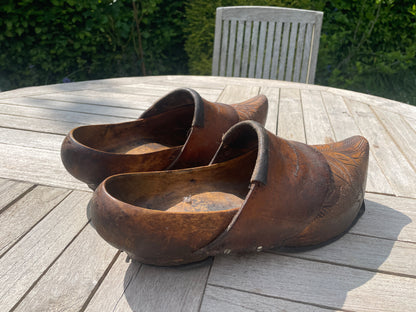 Antique French Breton Adult Clogs – Intricate Carving, Leather Comfort Strap, Shaped Heel – Vintage Wooden Shoes