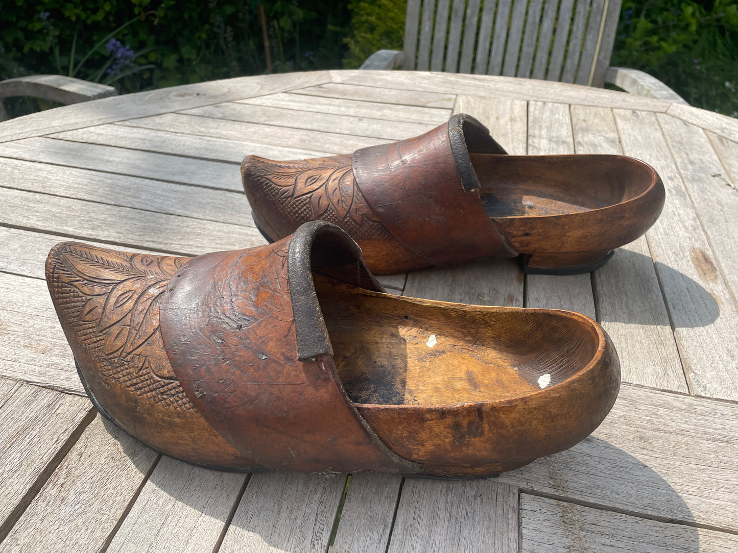 Antique French Breton Adult Clogs – Intricate Carving, Leather Comfort Strap, Shaped Heel – Vintage Wooden Shoes