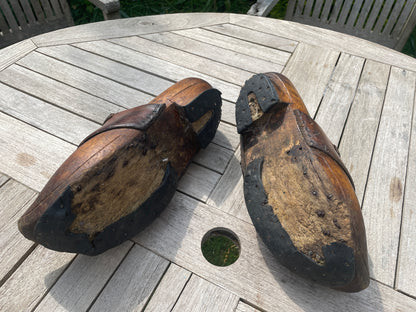 Antique French Breton Adult Clogs – Intricate Carving, Leather Comfort Strap, Shaped Heel – Vintage Wooden Shoes