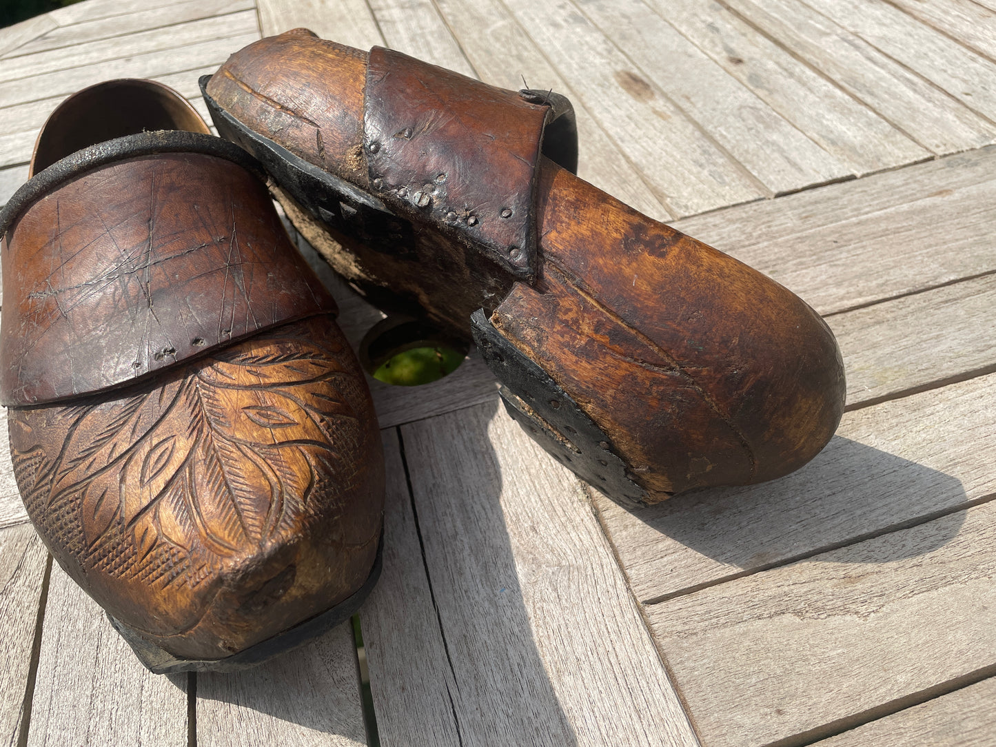 Antique French Breton Adult Clogs – Intricate Carving, Leather Comfort Strap, Shaped Heel – Vintage Wooden Shoes