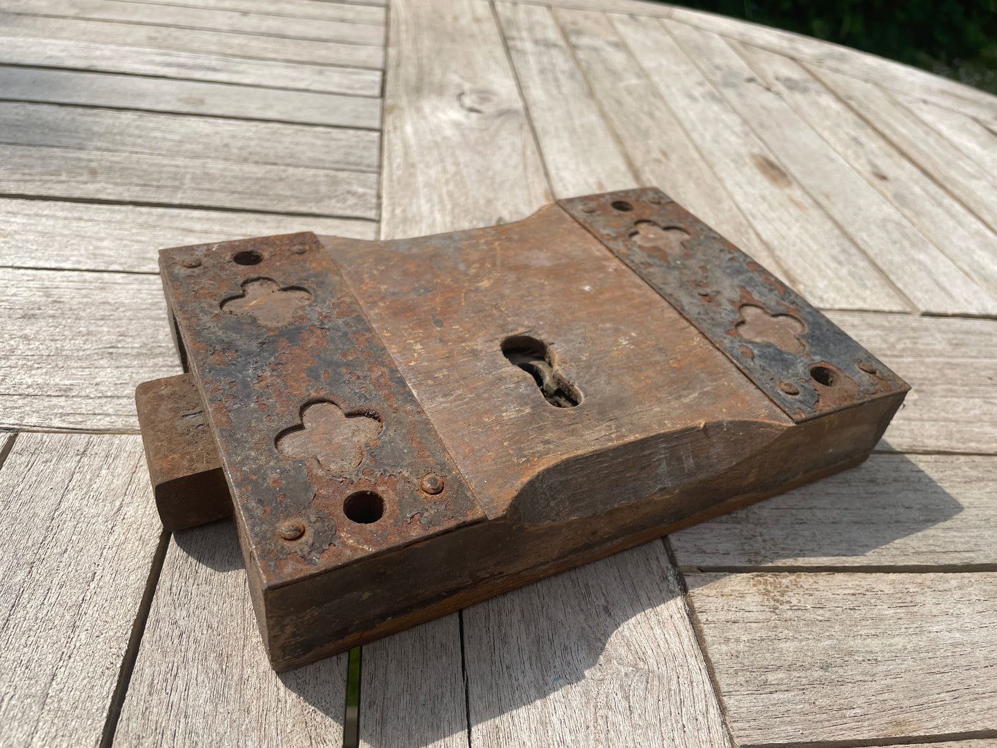 Antique Rim Lock from Church – Ornate Metal Front, Hardwood Framing – Vintage Metal Construction Lock