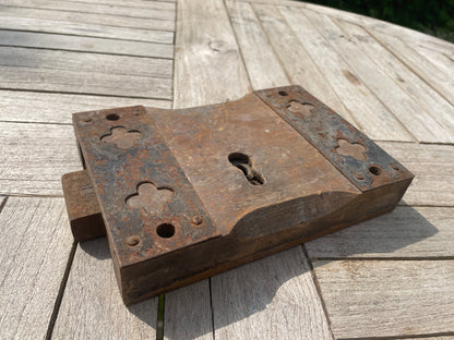 Antique Rim Lock from Church – Ornate Metal Front, Hardwood Framing – Vintage Metal Construction Lock