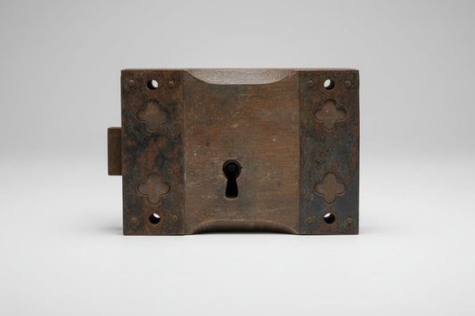 Antique Rim Lock from Church – Ornate Metal Front, Hardwood Framing – Vintage Metal Construction Lock