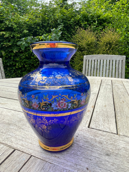 Italian Cobalt Blue Glass Vase – Gold Trim & Floral Design – Vintage Murano Style Decorative Vase