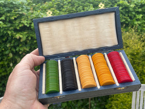 Antique Jaques Betting Counters Set in Original Silk Lined Box, Multicolour Gaming Chips, 24mm Counters, Full Set