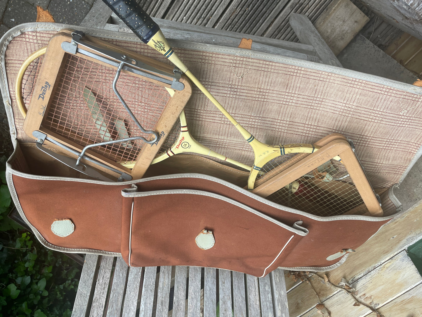 Vintage Dunlop & Slazenger Badminton Rackets with Wood Clamp in Thomlinson’s Greban Case