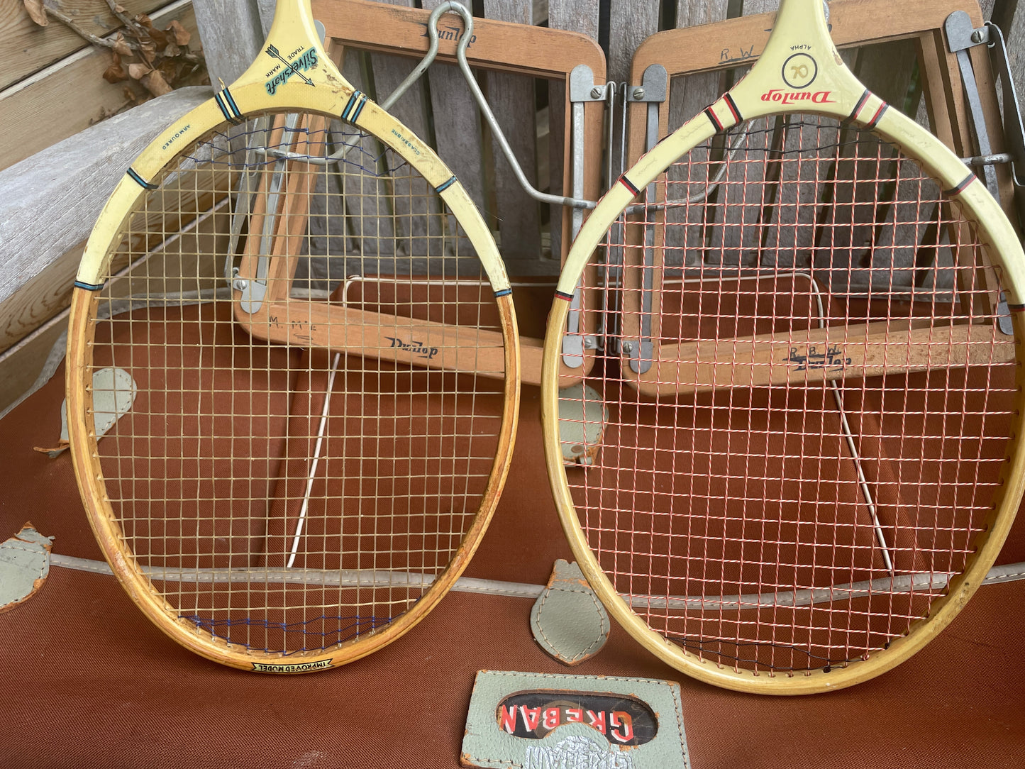 Vintage Dunlop & Slazenger Badminton Rackets with Wood Clamp in Thomlinson’s Greban Case