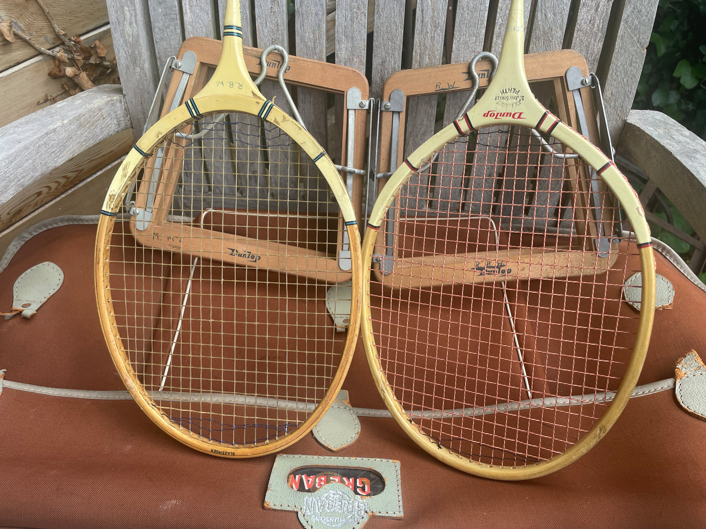 Vintage Dunlop & Slazenger Badminton Rackets with Wood Clamp in Thomlinson’s Greban Case