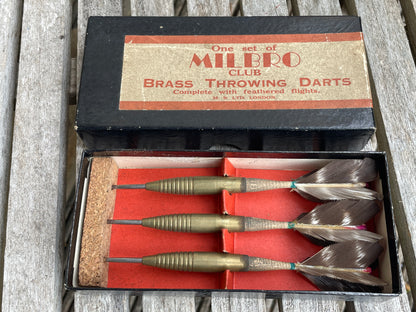 Vintage Milbro Club Brass Throwing Darts Set with Feather Flights in Original Box – Made in England