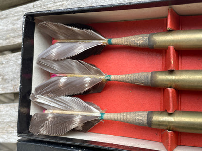 Vintage Milbro Club Brass Throwing Darts Set with Feather Flights in Original Box – Made in England