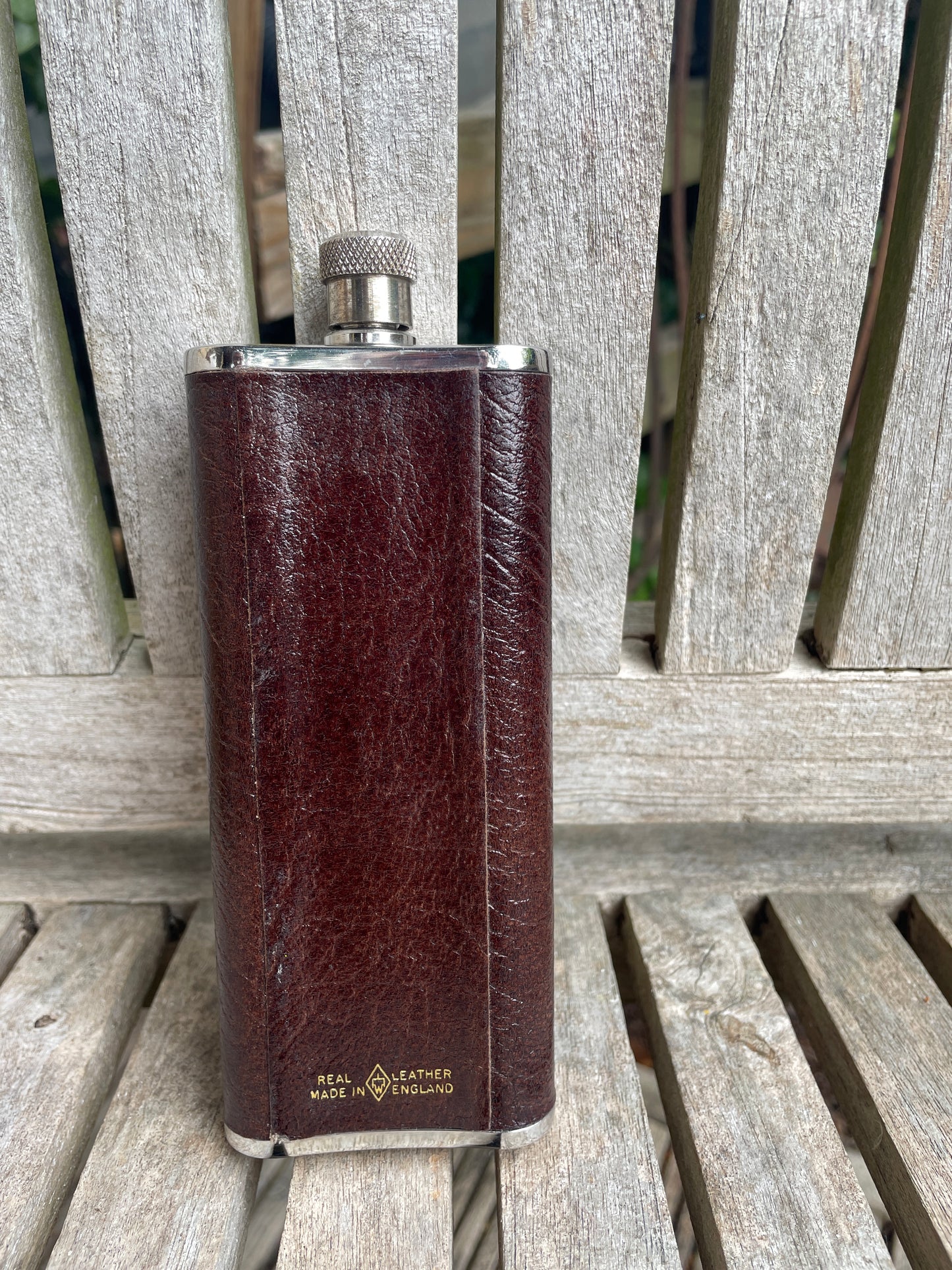 Vintage English Hip Flask – 5oz Stainless Steel & Real Leather – England – Gentleman’s Flask – Made in UK