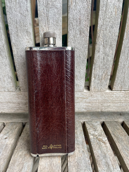 Vintage English Hip Flask – 5oz Stainless Steel & Real Leather – England – Gentleman’s Flask – Made in UK