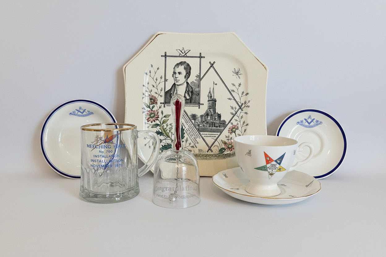 Antique and Vintage Masonic Ceramics and Glass – Mixed Lodge Lot Including Burns Plate, Tankard and Teaware (c.1900–1970s)