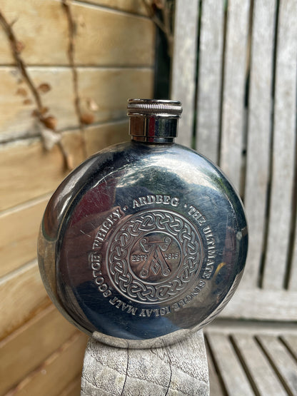 Vintage Ardbeg Scotch Whisky Hip Flask – Round Metal Promotional Collectible 8cm