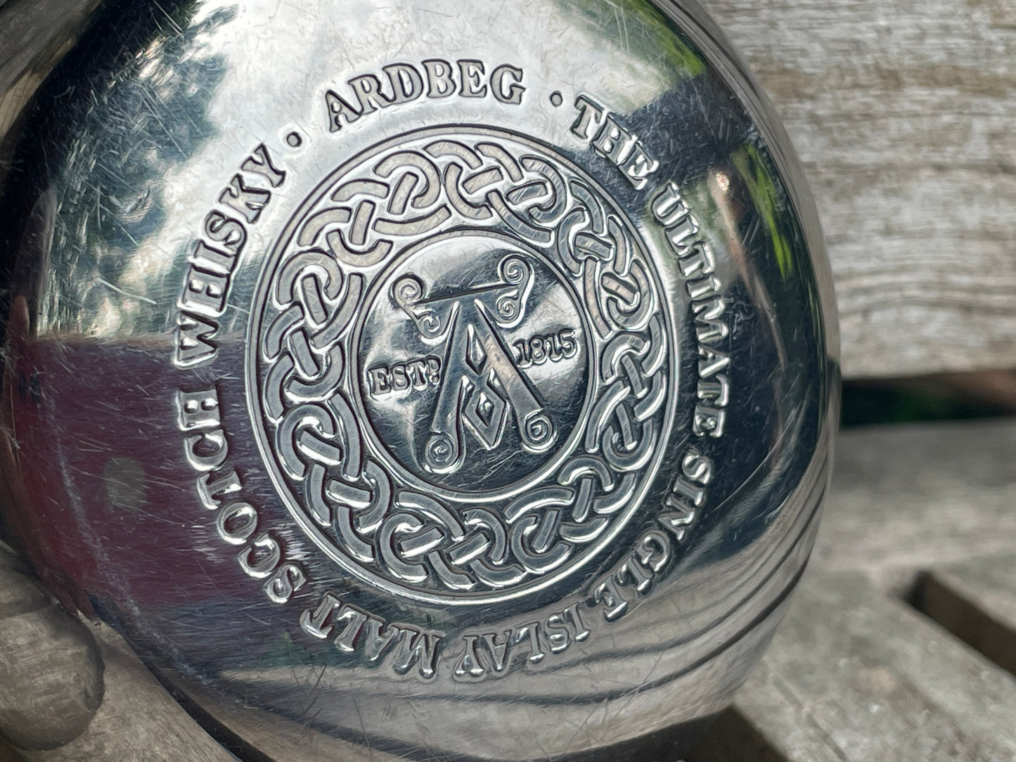 Vintage Ardbeg Scotch Whisky Hip Flask – Round Metal Promotional Collectible 8cm