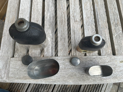 Pair of Vintage Leather & Metal Hip Flasks – Travel Companion Bottles with Removable Cups, Early to Mid 20th Century
