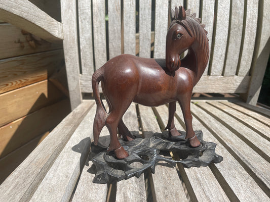 Vintage Carved Wood Horse Figurine with Glass Eyes & Base | Mid-Century Wooden Horse Sculpture | Rustic Equestrian Home Decor