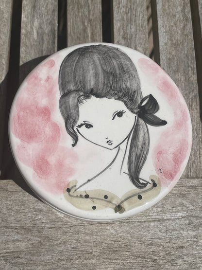 Vintage Handmade Maltese Ceramic Trinket Box – Hand-Painted Mod Girl Illustration – Mid Century Style Lidded Pot