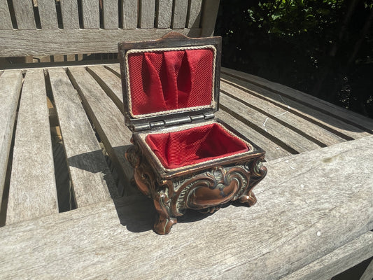 Antique Copper Relief Trinket Box – Lucerne & Pilatus Souvenir – Red Satin Lined Jewellery Box c1900