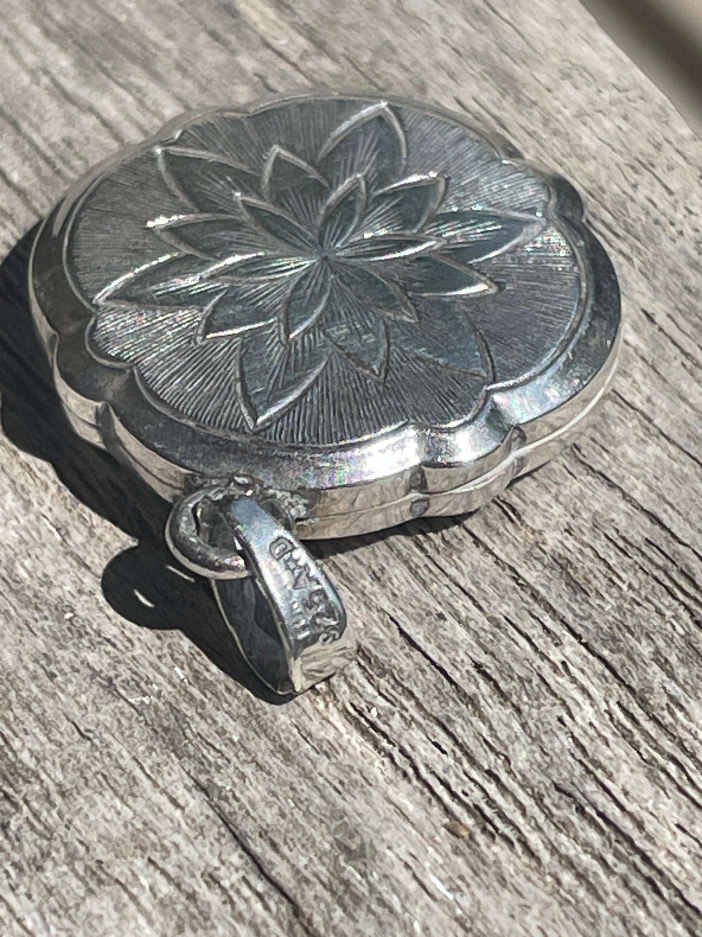 Vintage Sterling Silver Round Locket – Floral Starburst Engraving – 925 A*D Maker Mark – Keepsake Pendant with Photos