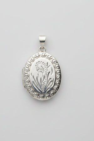 Vintage Oval Silver Floral Locket | Engraved Photo Pendant | Stamped "Silver" | Mid-Century Keepsake
