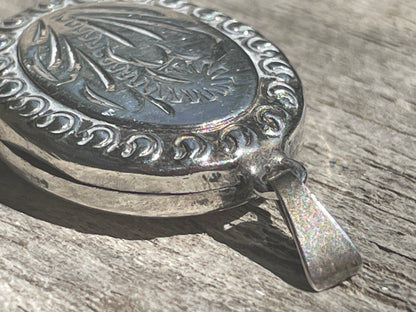 Vintage Oval Silver Floral Locket | Engraved Photo Pendant | Stamped "Silver" | Mid-Century Keepsake