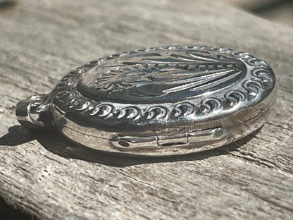Vintage Oval Silver Floral Locket | Engraved Photo Pendant | Stamped "Silver" | Mid-Century Keepsake