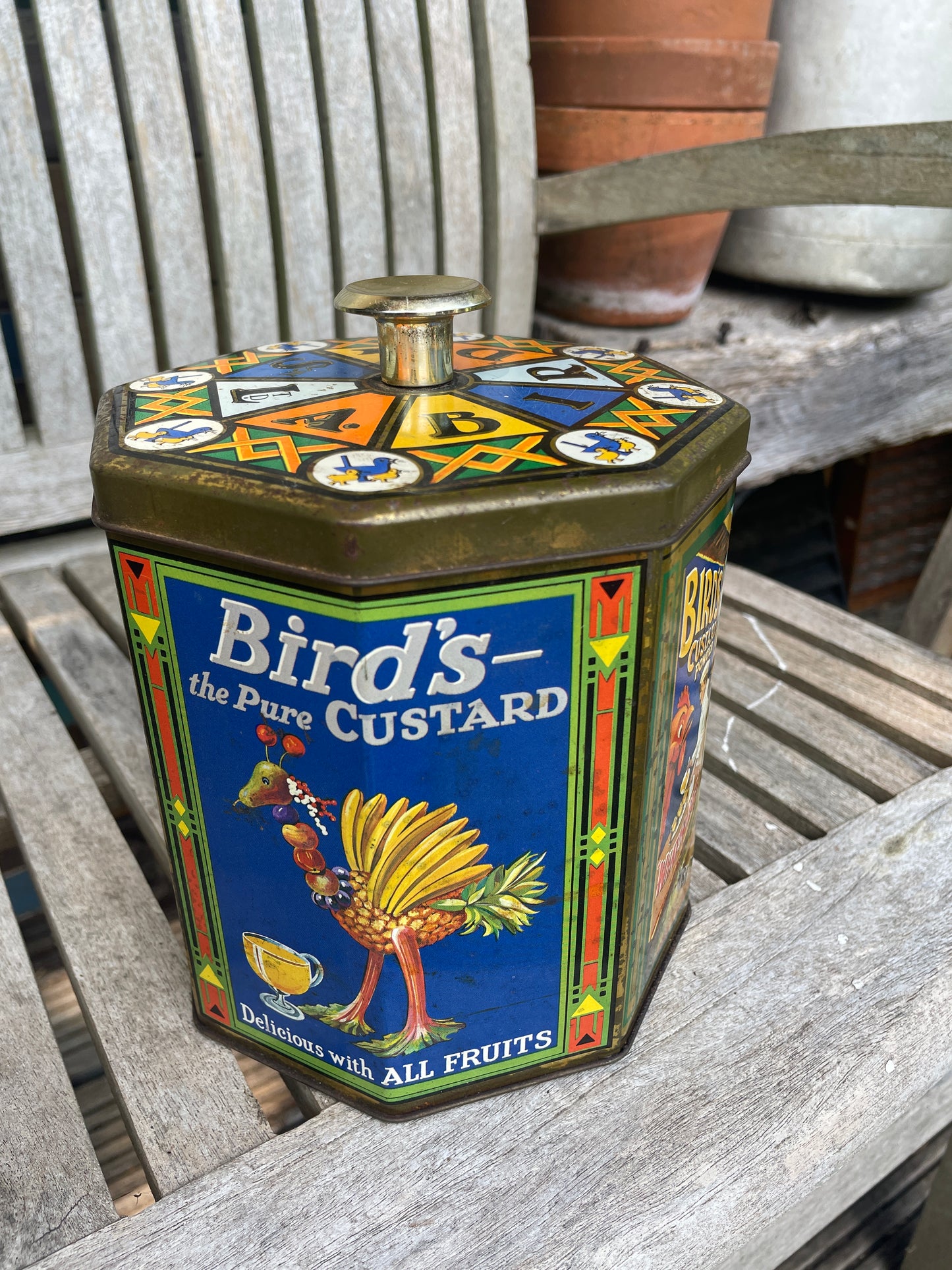 Vintage Bird’s Custard Powder Advertising Tin – Octagonal Collectible Storage Canister with Retro Graphics