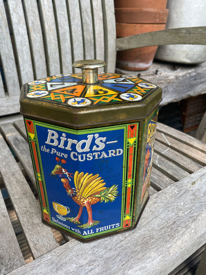 Vintage Bird’s Custard Powder Advertising Tin – Octagonal Collectible Storage Canister with Retro Graphics
