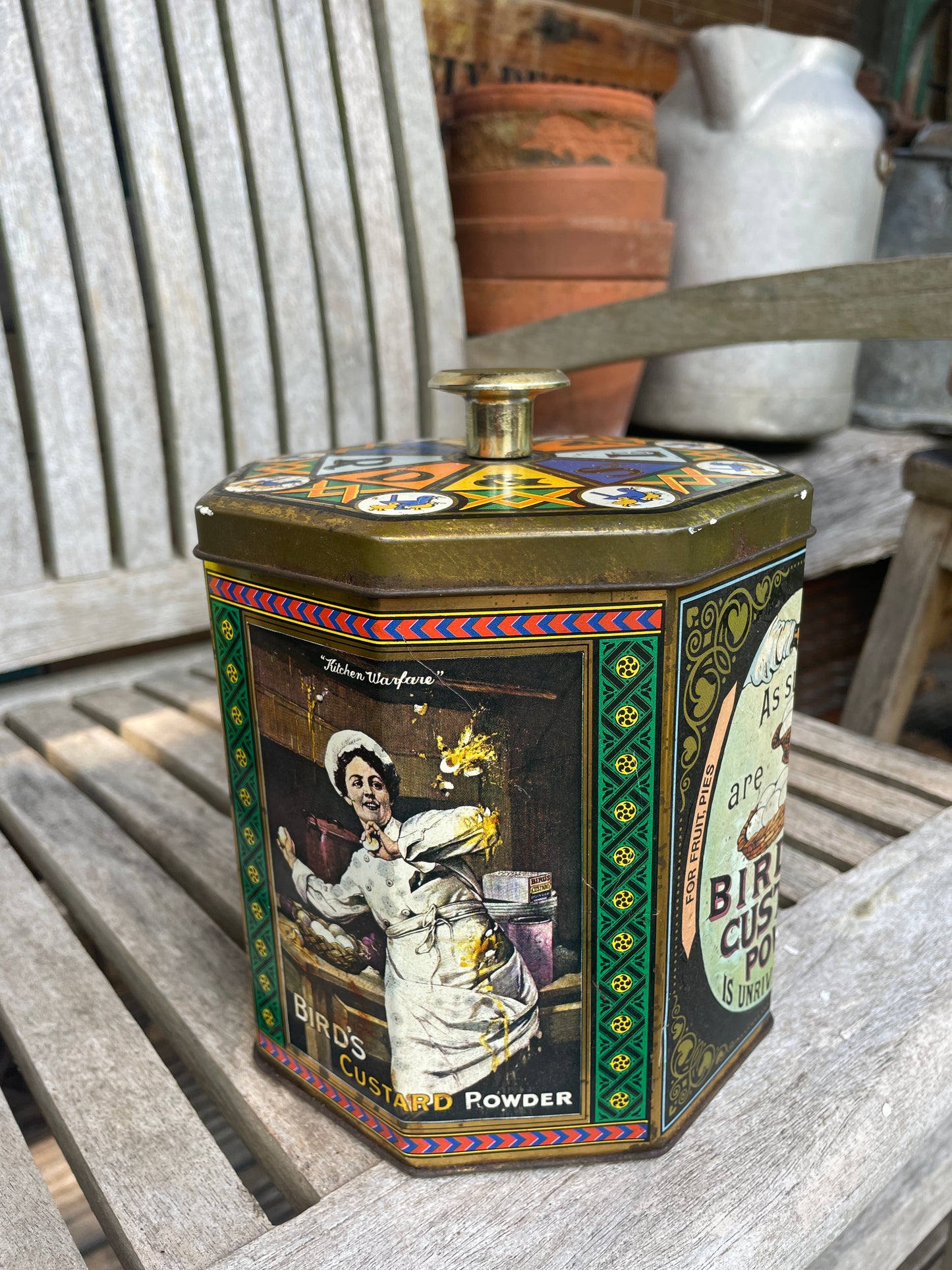 Vintage Bird’s Custard Powder Advertising Tin – Octagonal Collectible Storage Canister with Retro Graphics