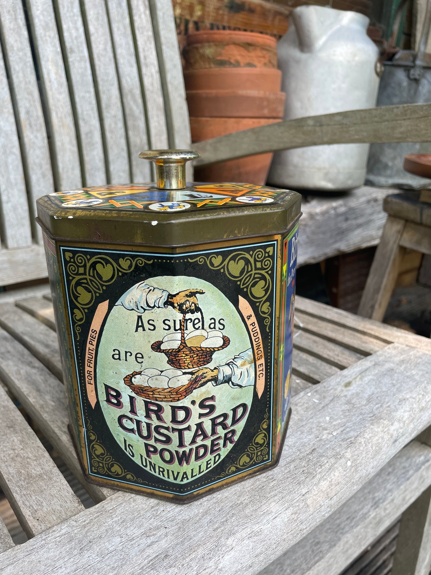 Vintage Bird’s Custard Powder Advertising Tin – Octagonal Collectible Storage Canister with Retro Graphics