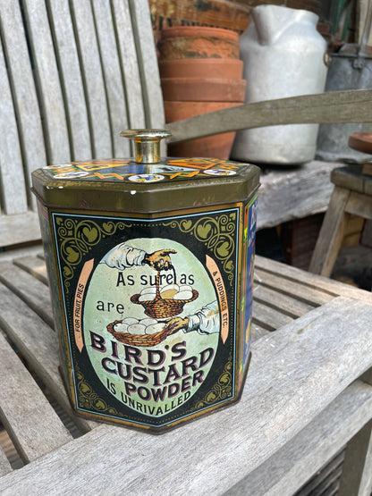 Vintage Bird’s Custard Powder Advertising Tin – Octagonal Collectible Storage Canister with Retro Graphics