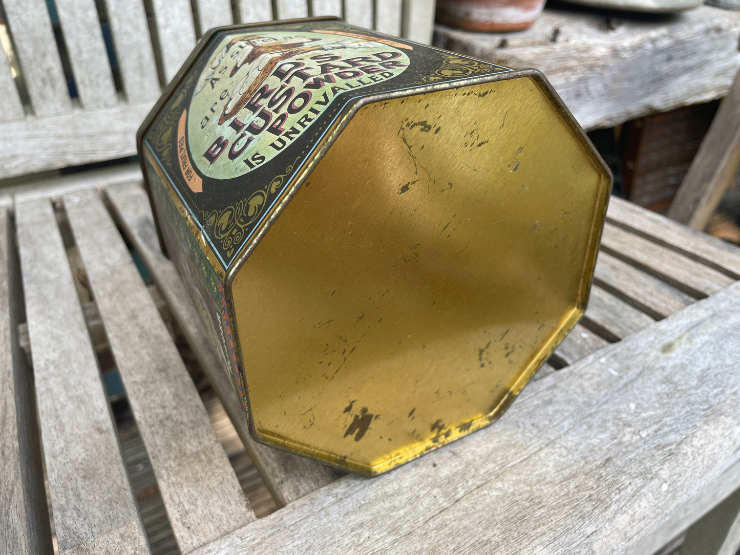 Vintage Bird’s Custard Powder Advertising Tin – Octagonal Collectible Storage Canister with Retro Graphics