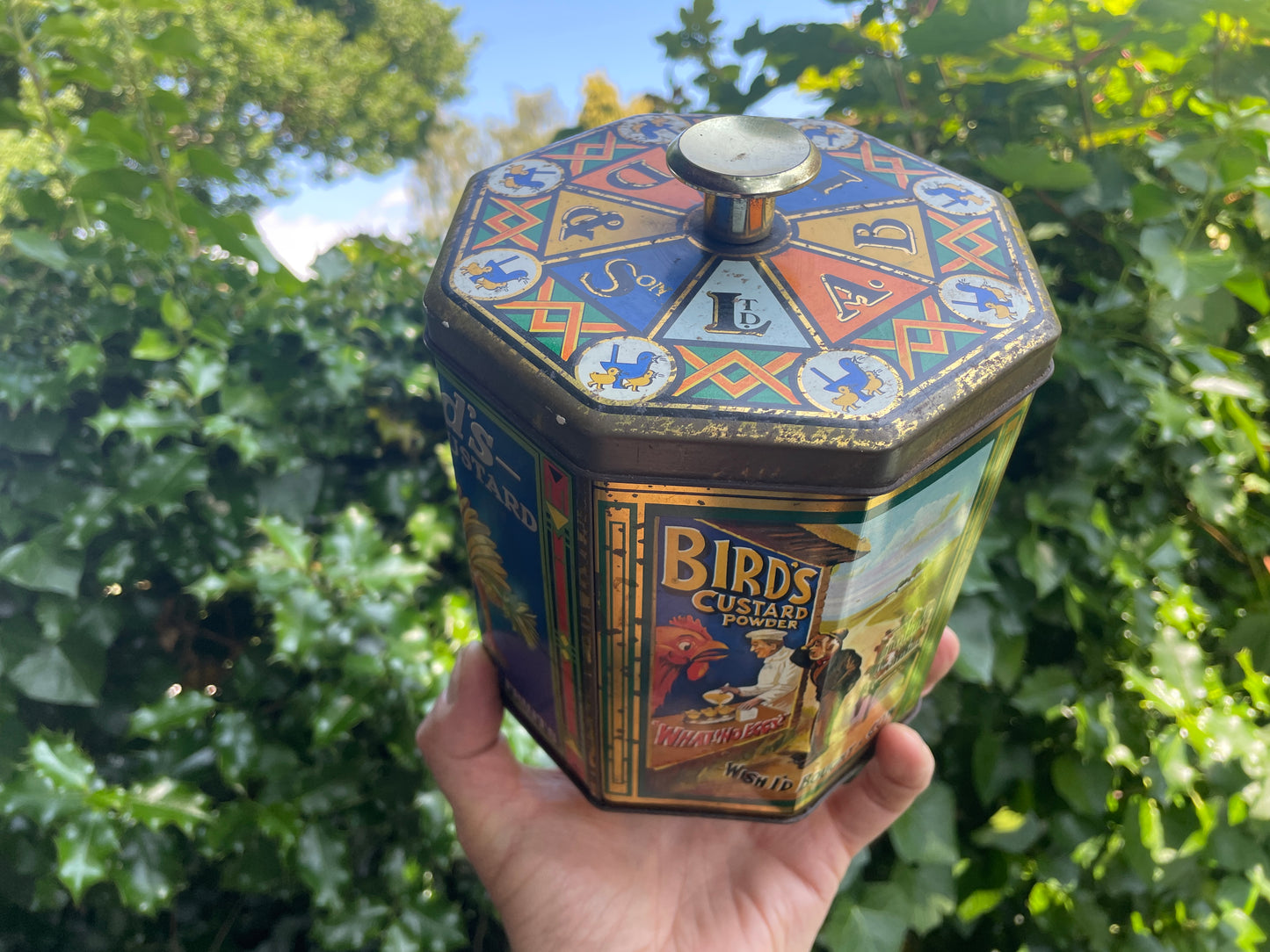Vintage Bird’s Custard Powder Advertising Tin – Octagonal Collectible Storage Canister with Retro Graphics