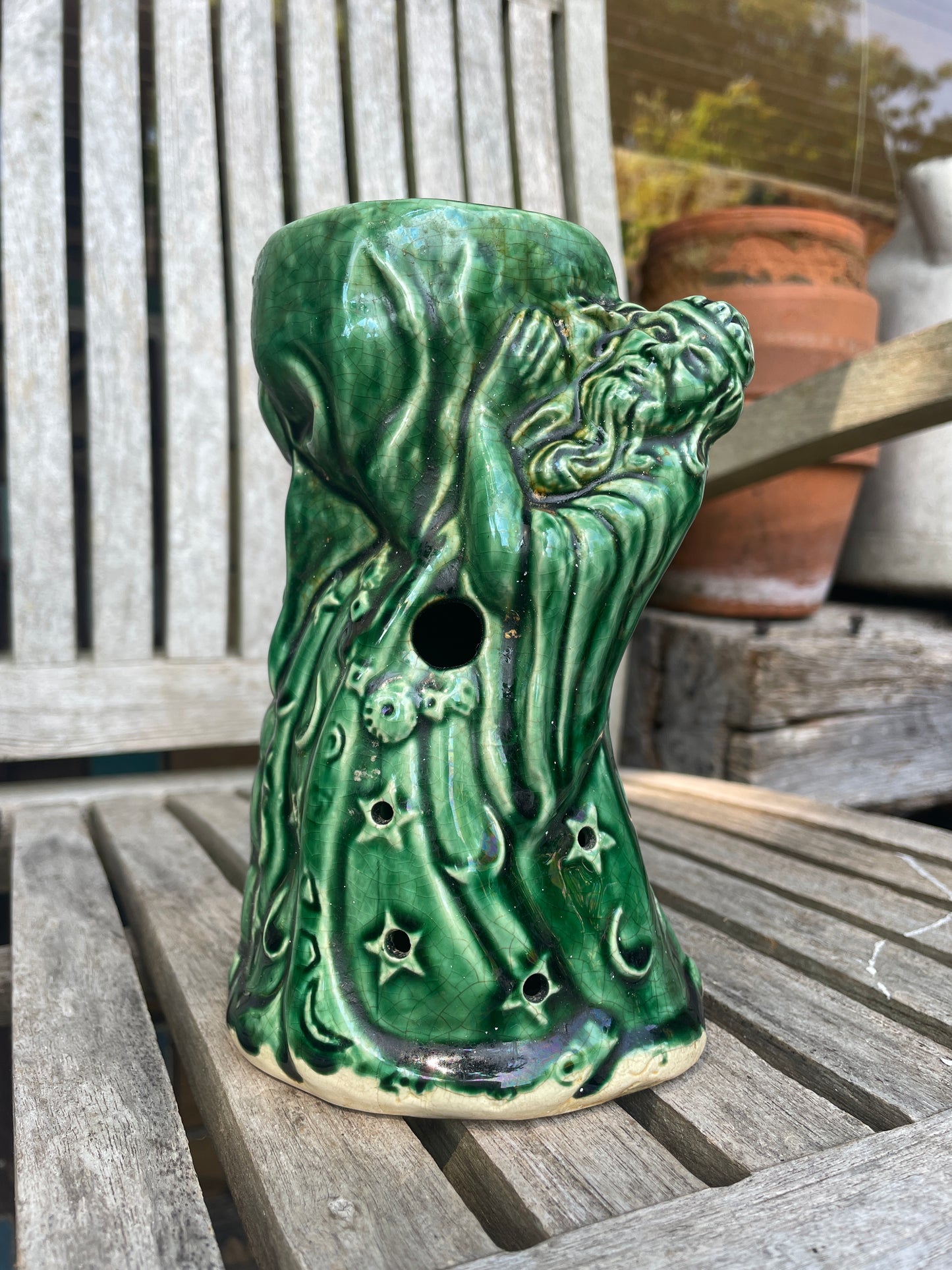 Vintage Green Glazed Wizard Oil Burner | 17cm Ceramic Luminary with Star & Moon Cloak | Mystical Sorcerer Candle Holder