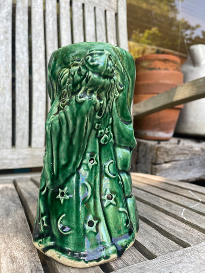 Vintage Green Glazed Wizard Oil Burner | 17cm Ceramic Luminary with Star & Moon Cloak | Mystical Sorcerer Candle Holder