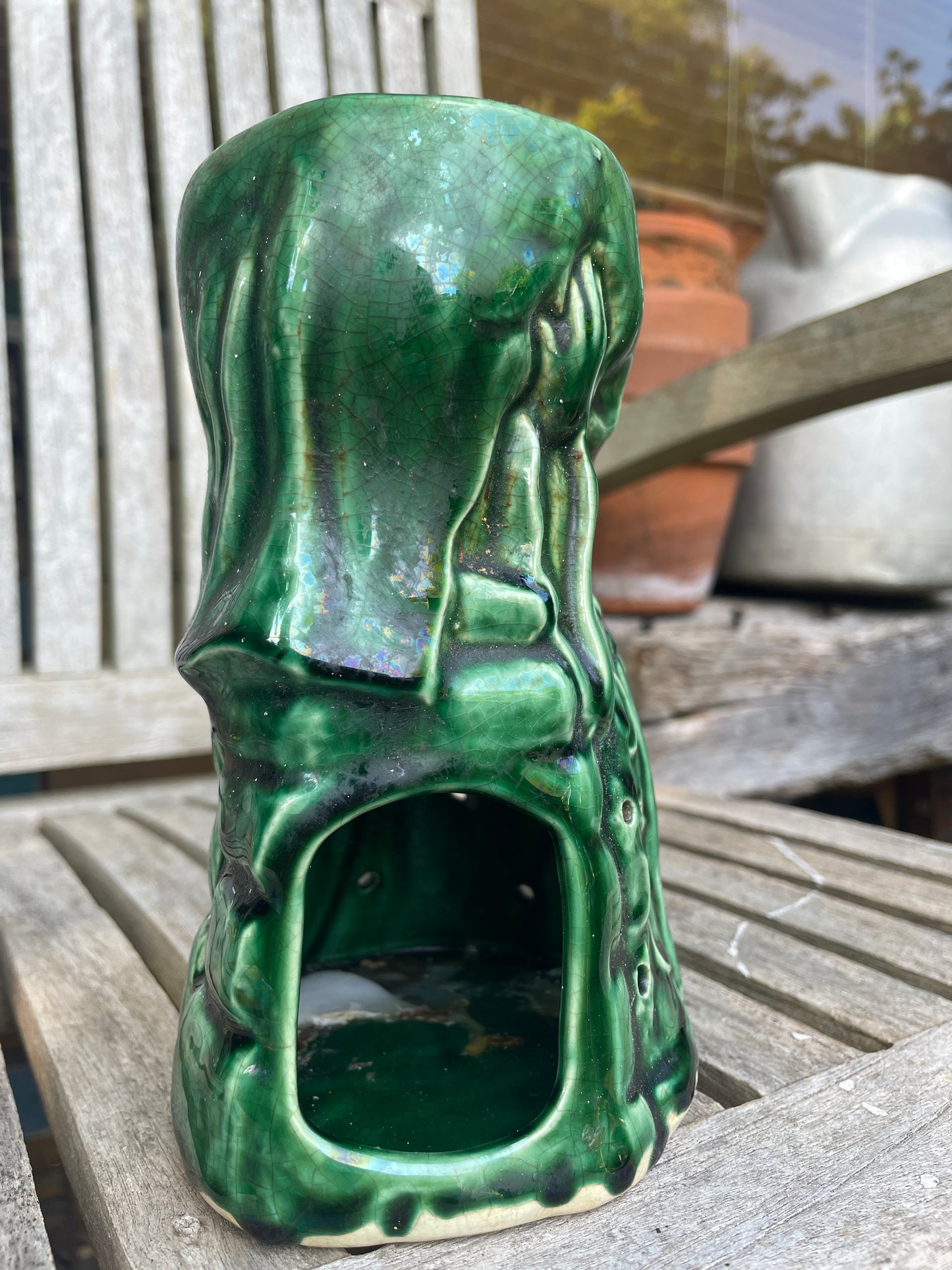 Vintage Green Glazed Wizard Oil Burner | 17cm Ceramic Luminary with Star & Moon Cloak | Mystical Sorcerer Candle Holder