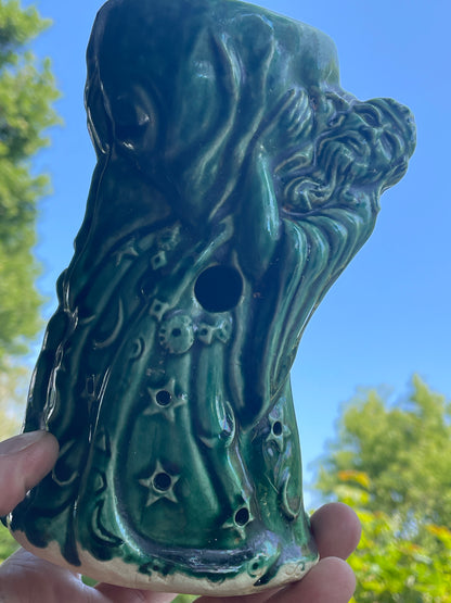 Vintage Green Glazed Wizard Oil Burner | 17cm Ceramic Luminary with Star & Moon Cloak | Mystical Sorcerer Candle Holder