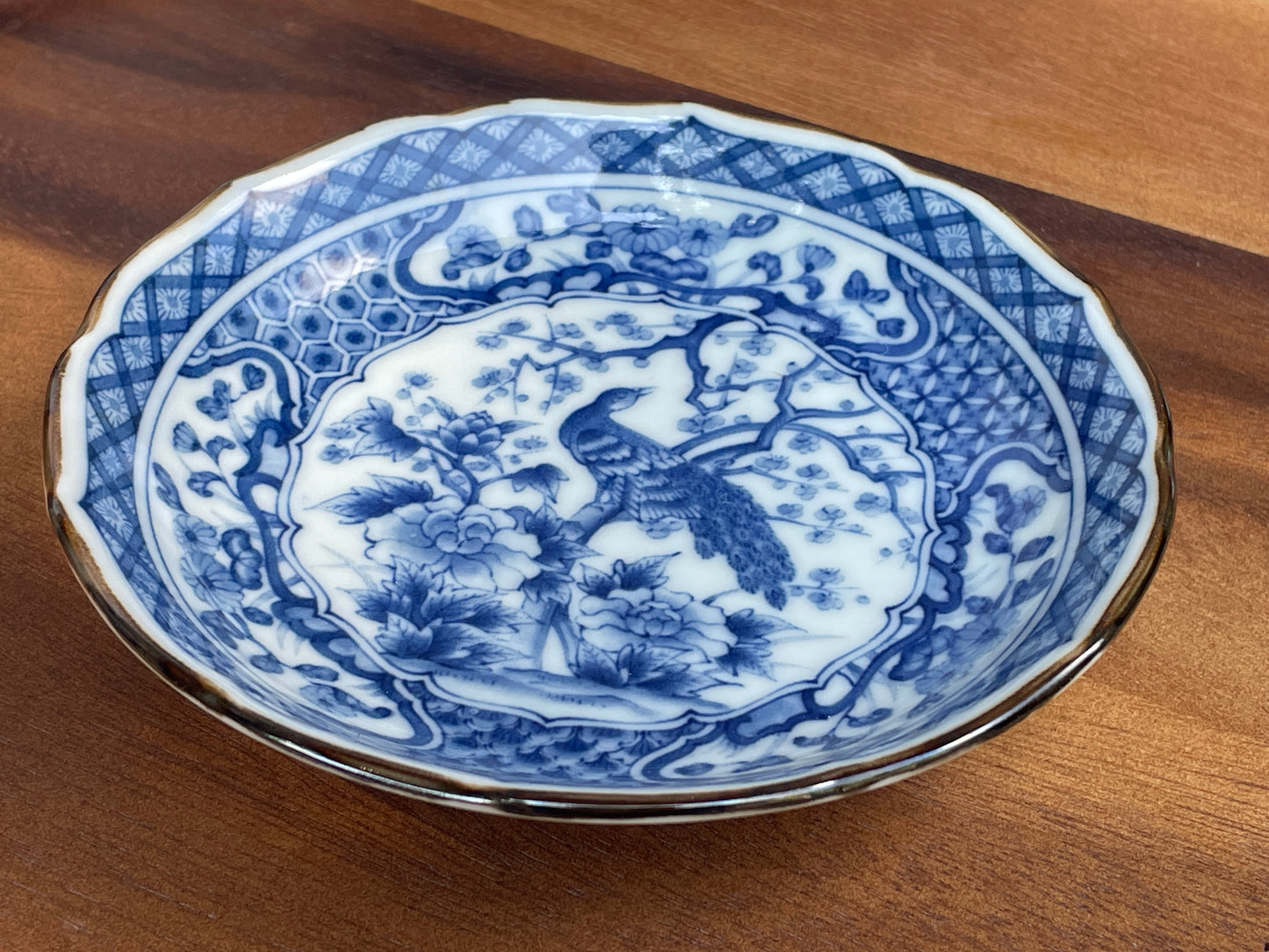 Vintage Japanese Arita Blue and White Porcelain Dish with Peacock and Peony Design – Scalloped Rim, Hand-Painted Mark